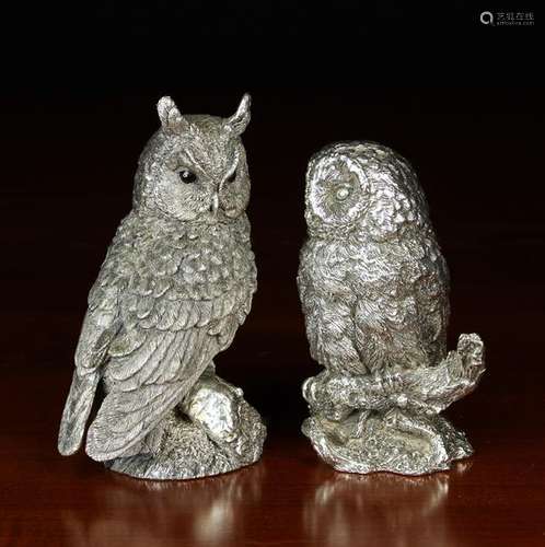 Two Sterling Silver-Clad Ornamental Model Owls, one with gla...