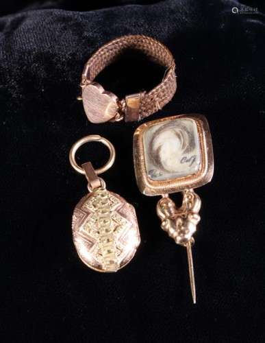 Three Pieces of Antique memorial Jewellery: A Gold pin brooc...
