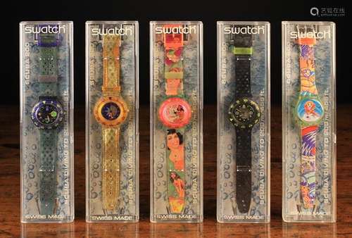 Five 'Scuba 200' Swatch Watches with original boxes (used).