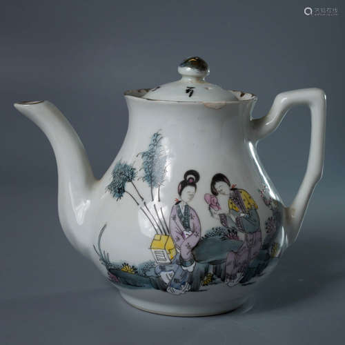 A Famille Rose Ladies Porcelain Teapot, with Repair Marks on...