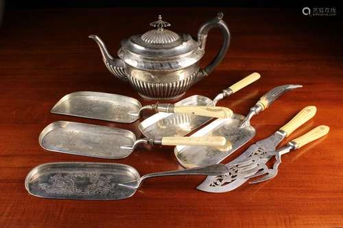 A Group of Five Victorian Silver Plated Crumb Pans with deco...