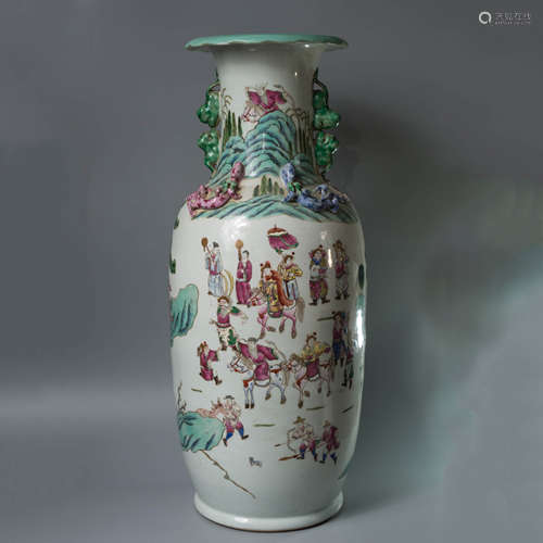 A Famille Rose Figure Double-Eared Vase, with Cracks on Bott...