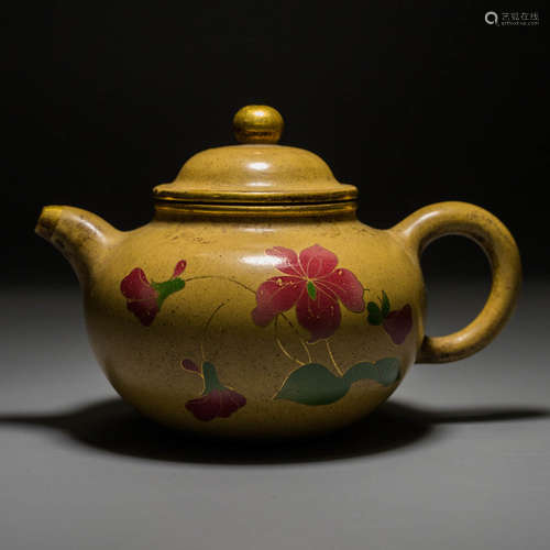 A Gilt Purple Clay Floral Teapot, with Breach on Cap