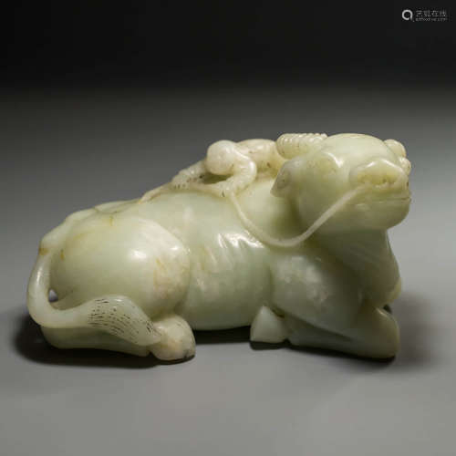 A Carved Jade Boy & Ox Ornament, with Natural Cracks
