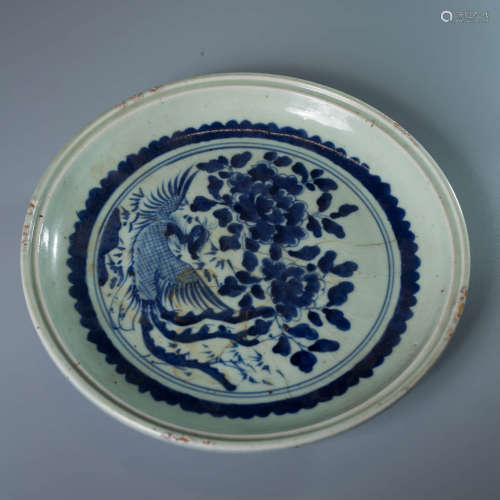 A Blue And White Peony & Phoenix Porcelain Plate, with Crack...
