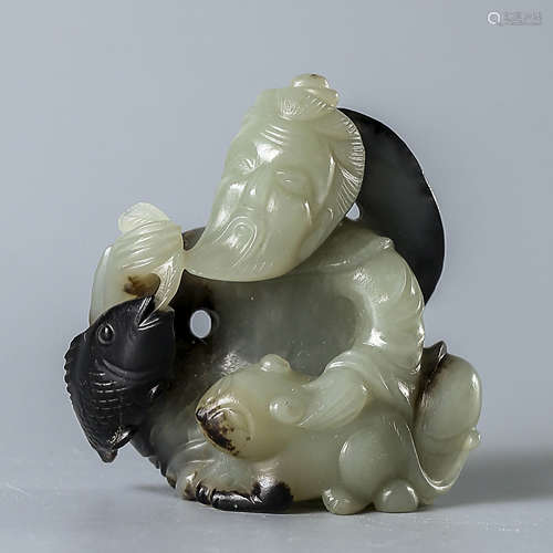 A Carved Hetian White And Black Jade Figure, with Some Crack...