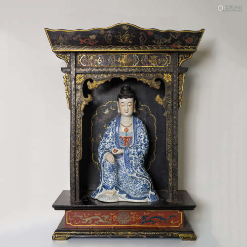 A Porcelain Guanyin Statue With Wooden Buddha Niche, with Re...