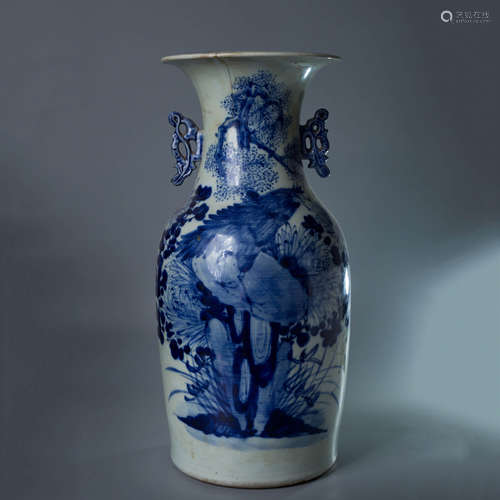 A Blue And White Stones And Mountain Floral Porcelain Vase, ...