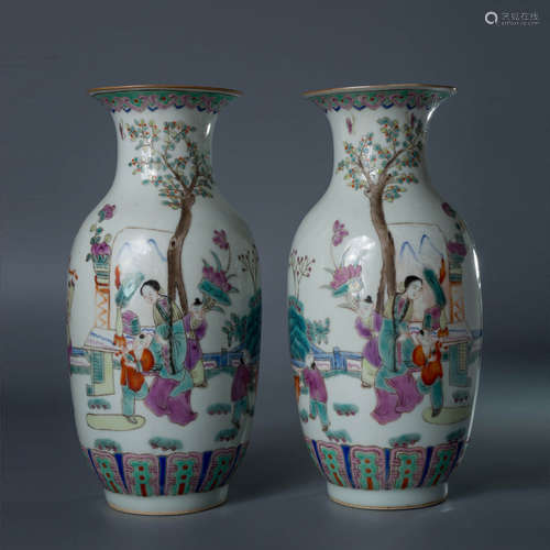 A Pair of Famille Rose Figure Lady&Boy Vases