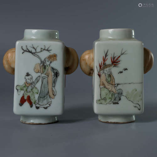 A Pair of Light-Reddish-Purple Figures Porcelain Square Vase...