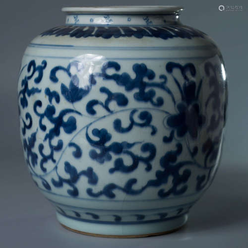 A Blue And White Interlocking Lotus Porcelain Jar, with Crac...