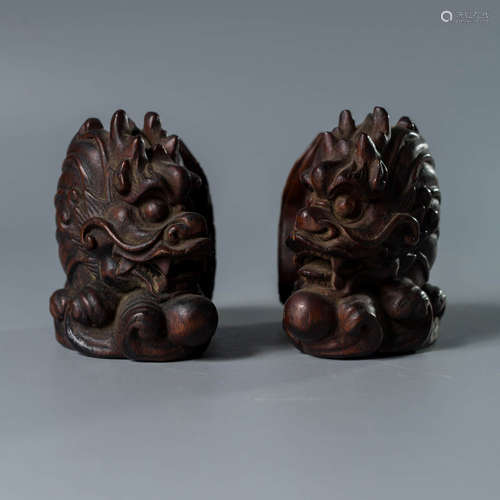 A Pair of Carved Eaglewood Dragons