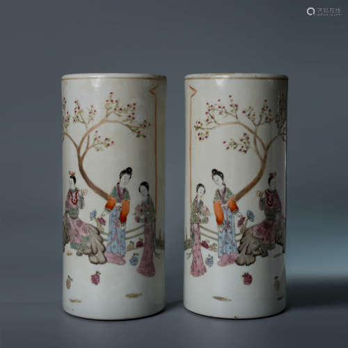 A Pair of Famille Rose Ladies Painted Porcelain Hat Stands