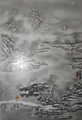 名家汪桂英《雪景》瓷板画