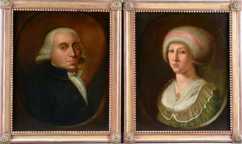 Ecole française XVIIIème, paire de portraits, toiles maroufl...
