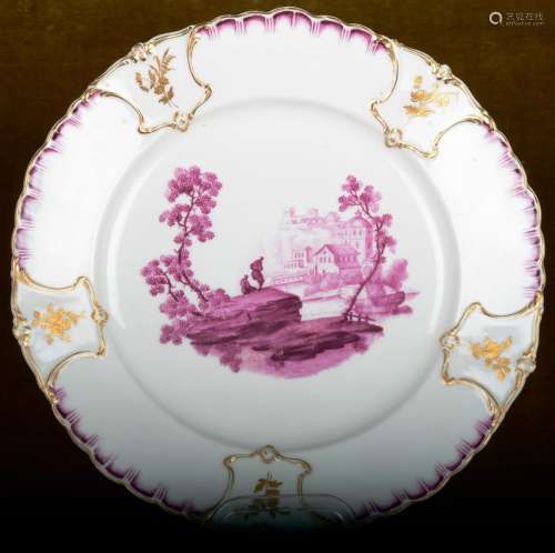 TOURNAI18世纪的图尔奈瓷盘，装饰着紫色单色的风景，形式上有5个墨...