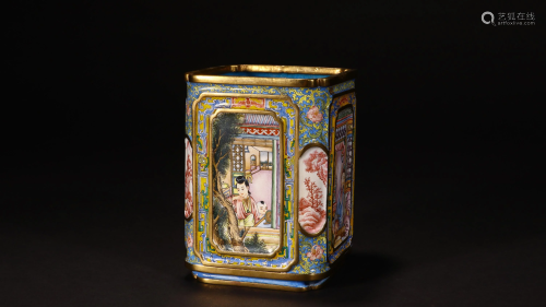 Cooper with Enamel Landscape and Figure Brushpot