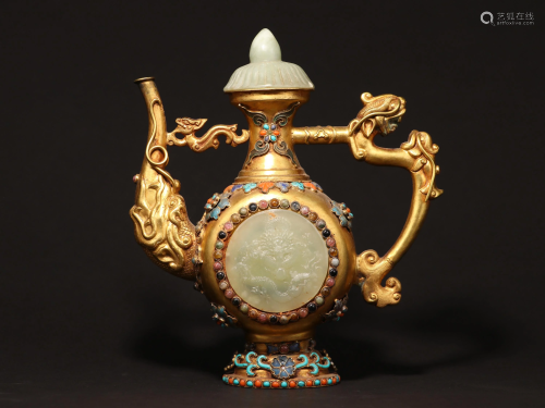 Cooper and Gilding Dragon Holding Pot with Gemstone