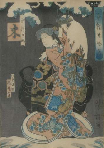日本-江户时代(1603-1868)雪景中的歌妓，彩色印刷品(签名不详)约1...