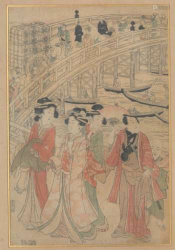 归属KIYONAGA鸟居（1752-1815）。尼龙町桥上的歌妓奥班版画视线尺寸...