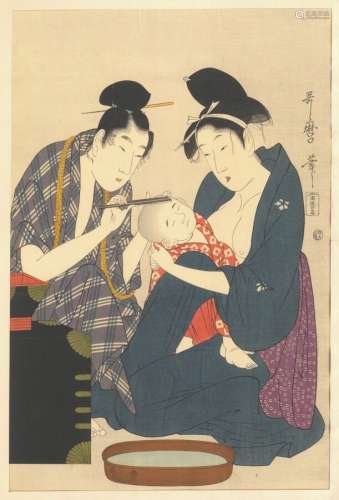 日本--明治时期（1868-1912年有孩子的家庭，乌塔玛罗的彩色印刷品。...