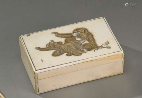 日本--明治时期（1868-1912年长方形象牙盒，浮雕猴子和小猴子追逐蜻...