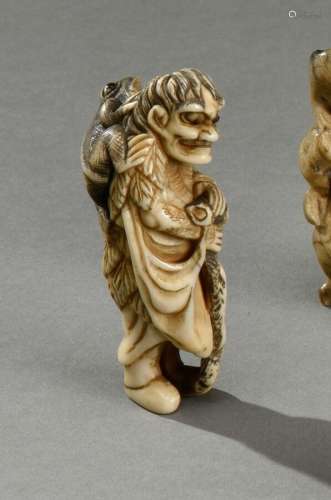 日本-江户时代(1603-1868)象牙净介，伽马仙人与蟾蜍，眼睛镶嵌着角...