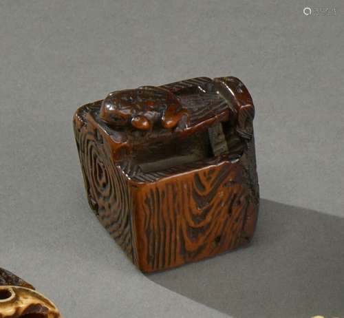 日本-江户时代(1603-1868)箱木网介，小水桶损坏，桶柄上有一只青蛙...