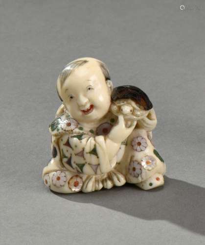 日本--明治时期（1868-1912年柴山镶嵌象牙网状物，龟童童子H.3.5厘...