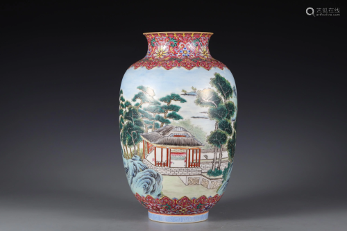 Famille Rose Landscape Lantern-shaped Vase