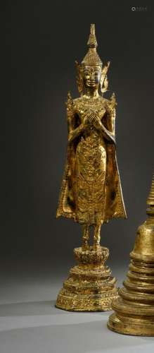 缅甸--19世纪末鎏金青铜立佛，双手合十在胸前。H.59厘米