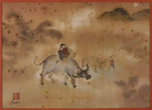 陈文涛(1917-2004)年轻的水牛饲养员在吹笛子。絲綢畫，左下方有藝術...