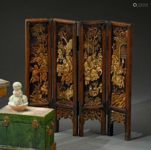 中国 - 19世纪四片鹿叶小木屏风，浮雕装饰富贵人家的用餐场景总尺...