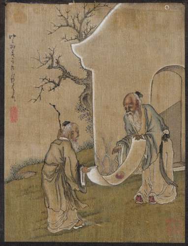 中国 - 19世纪初两幅布面画，一幅是两个书生围着教案对话，另一幅是...