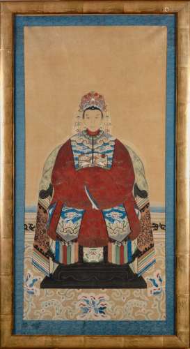中国 - 19世纪坐在宝座上的美女（母女俩？两幅彩色纸质版画H.130厘...