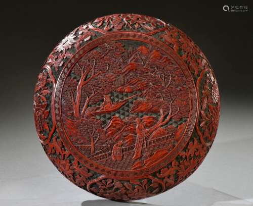 中国--乾隆时期(1735-1796)朱砂漆光栅盒子盖子上饰有宫女和篮子，...