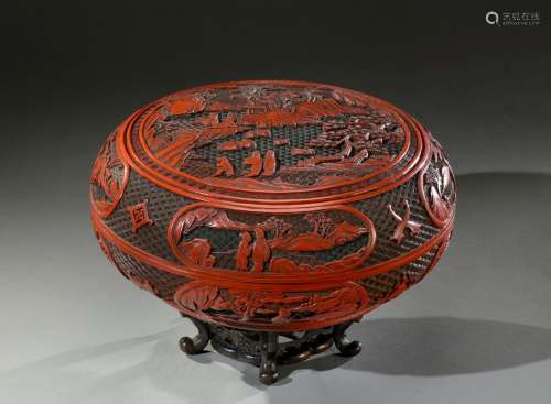 中国--乾隆时期(1735-1796)朱砂漆大光圈盒，盖上有塔、石、松林等湖...