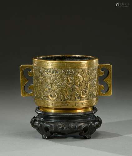 中国 - 18世纪青銅微跟雙柄香爐，鏤空浮雕六隻小獅，雲中有佛，兩幅...