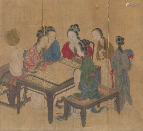 中国 - 约1800年六个女人在玩耍，在纸板上粘贴的布料上绘画。H.32厘...