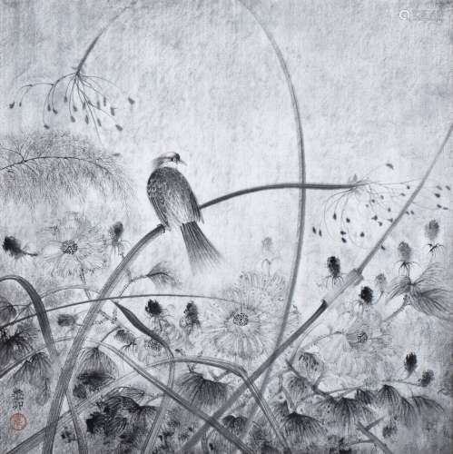 邰茂清(1975年出生)鸟语花香纸本墨迹，左下角有
