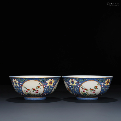 Pairs of Blue-ground Flower and Fruit Bowl