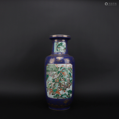 Blue Glazed Wucai Figure Vase Trace a Design in Gold