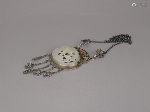 Hetian Jade Flower and Bird Necklace with Silver