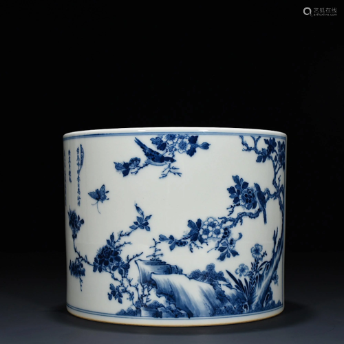 Blue and White Flower and Bird Brushpot