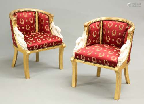 A PAIR OF REGENCY STYLE GILDED AND PAINTED ARMCHAIRS