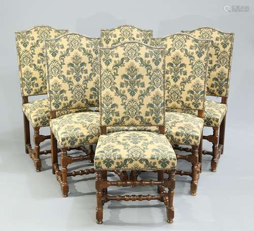 A SET OF SIX FRENCH OAK AND UPHOLSTERED DINING CHAIRS, each ...