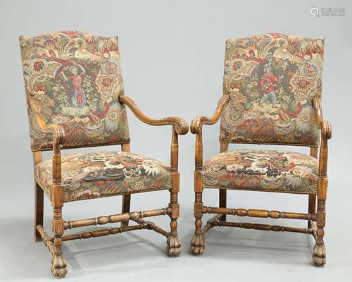 A PAIR WILLIAM AND MARY STYLE BEECH AND UPHOLSTERED ARMCHAIR...