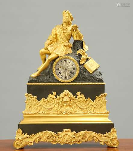 A FRENCH GILT AND PATINATED METAL MANTEL CLOCK, 19TH CENTURY