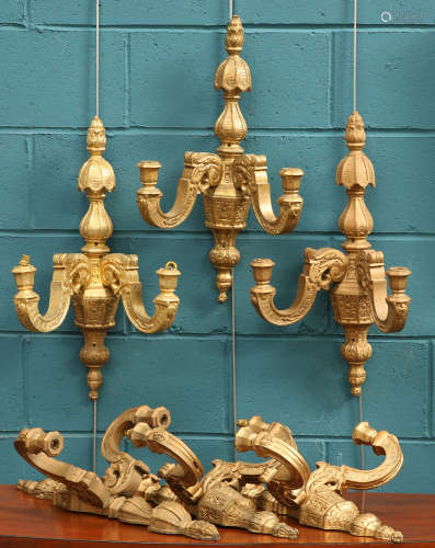 A SET OF SIX 19TH CENTURY GILTWOOD TWO-LIGHT WALL SCONCES