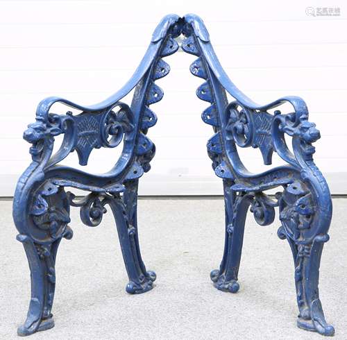 A PAIR OF BLUE PAINTED CAST IRON BENCH ENDS